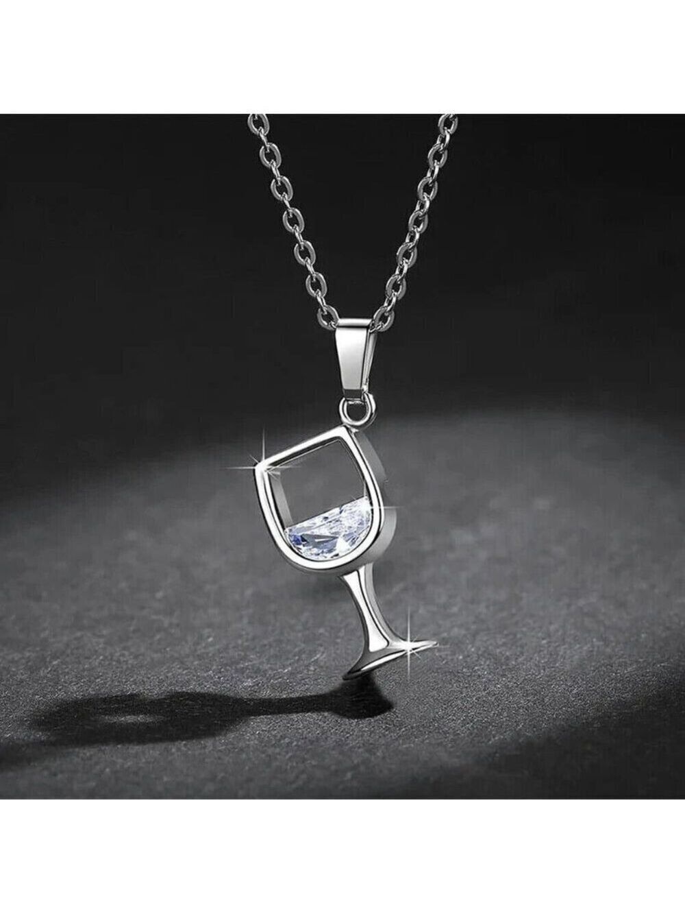 Wine Glass Pendant Necklace Zircon Crystal in Silver Color